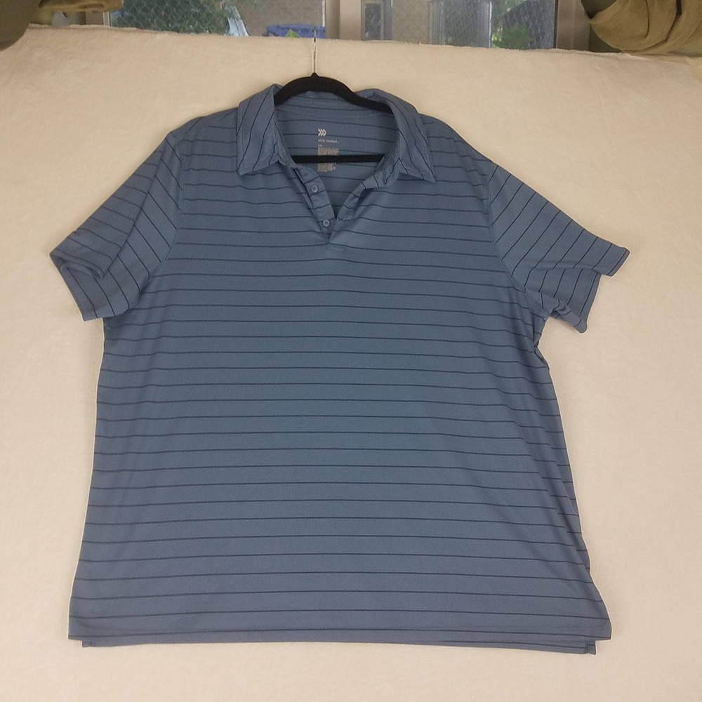 All in Motion Polo Shirt Mens XXL Blue Excellent Striped Short Sleeve‎ Golf Top